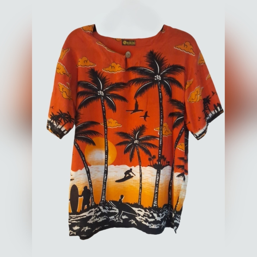 Vintage Batik Kukuh Hawaiian Shirt - Tropical Sunset Surf Print (Size M)